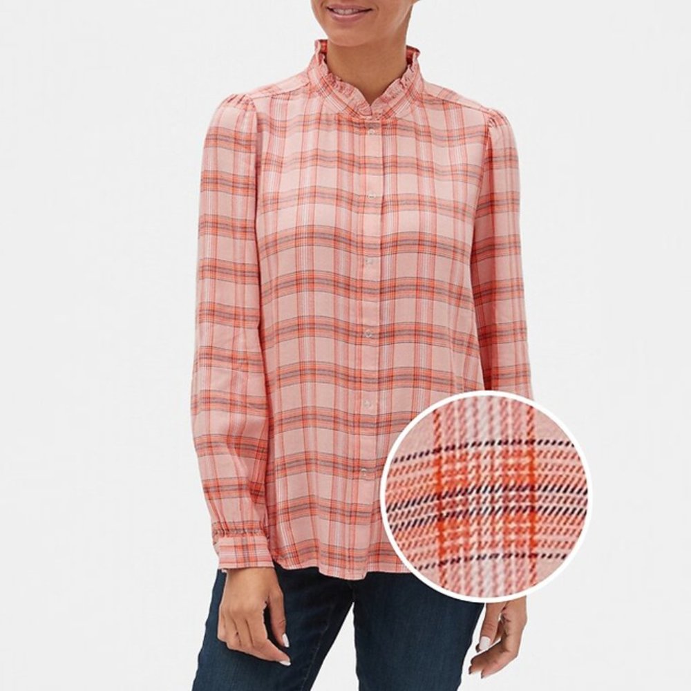 GAP Factory Plaid Ruffle-Neck Blouse Coral Sz M NWT